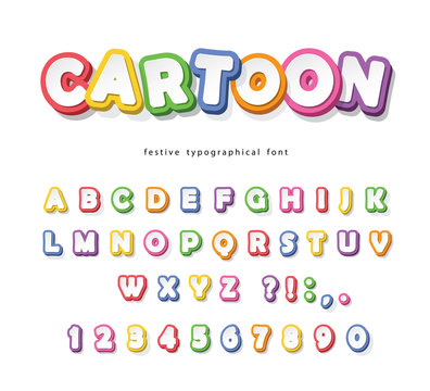 Cartoon bright font for kids. Paper cut out ABC letters and numbers. Paper cut out. Colorful alphabet. Vector