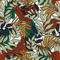 Tropical seamless pattern with colorful leaves and plants on a light background. Textiles, fabric, printing. Vector floral seamless pattern.  Botanical pattern. Hawaiian print. Summer beach design.