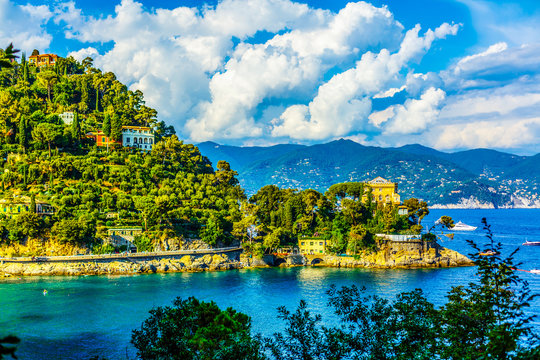Beach next to Portofino in Italy. Beautiful bay of Paraggi. Swimming vacation in Italy