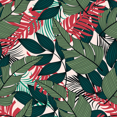 Colorful seamless pattern with green and red tropical leaves and plants. Stylish design, textiles, printing. Vector floral seamless pattern. Tropical plant. Trendy summer pattern.