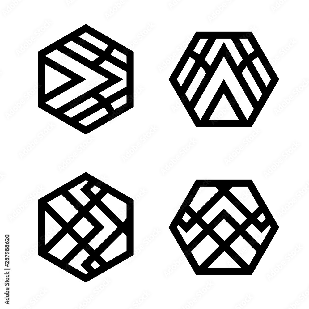 Poster set of linear hexagon logo icon signs. modern vector geometric shapes.