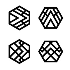 Set of linear hexagon logo icon signs. Modern vector geometric shapes.