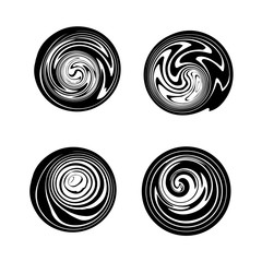 Set of psychedelic circle shapes. Monochrome geometric hypnotizing round elements.