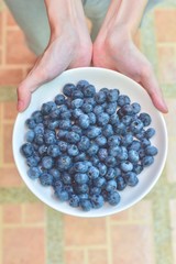Hands Holding Plate with Pile of Blueberries