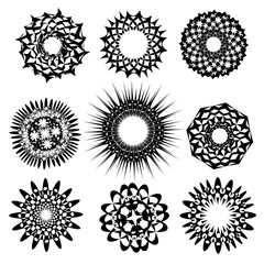 Set of circle geometric symmetical ornaments. Monochrome round ornamental logo shapes.
