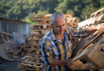 Fototapeta na wymiar a carpenter repairs wooden pallets