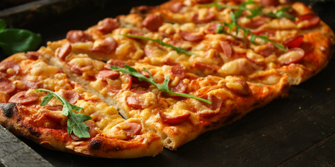 pizza (ingredients). hot pizza. Top view. copy space