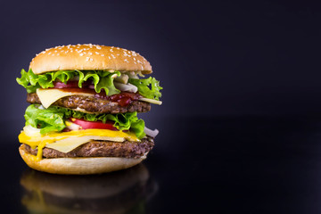 fresh tasty burger on black background