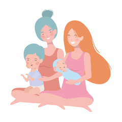 cute pregnancy mothers seated lifting little babies characters