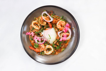 spicy salad or spicy winged bean salad with shrimp and squid