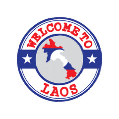 Vector stamp of welcome to Laos with map outline of the nation in center.