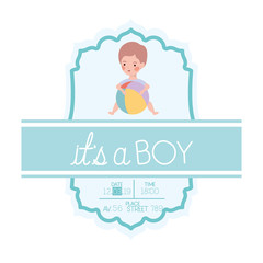 its a boy card with little baby and balloon beach