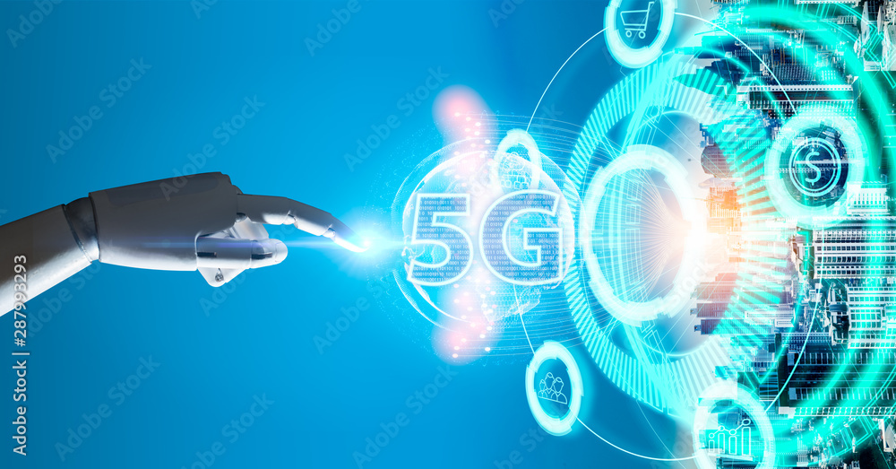 Poster robot android hand holding icon 5g.5g network digital hologram and internet of things on city backgr