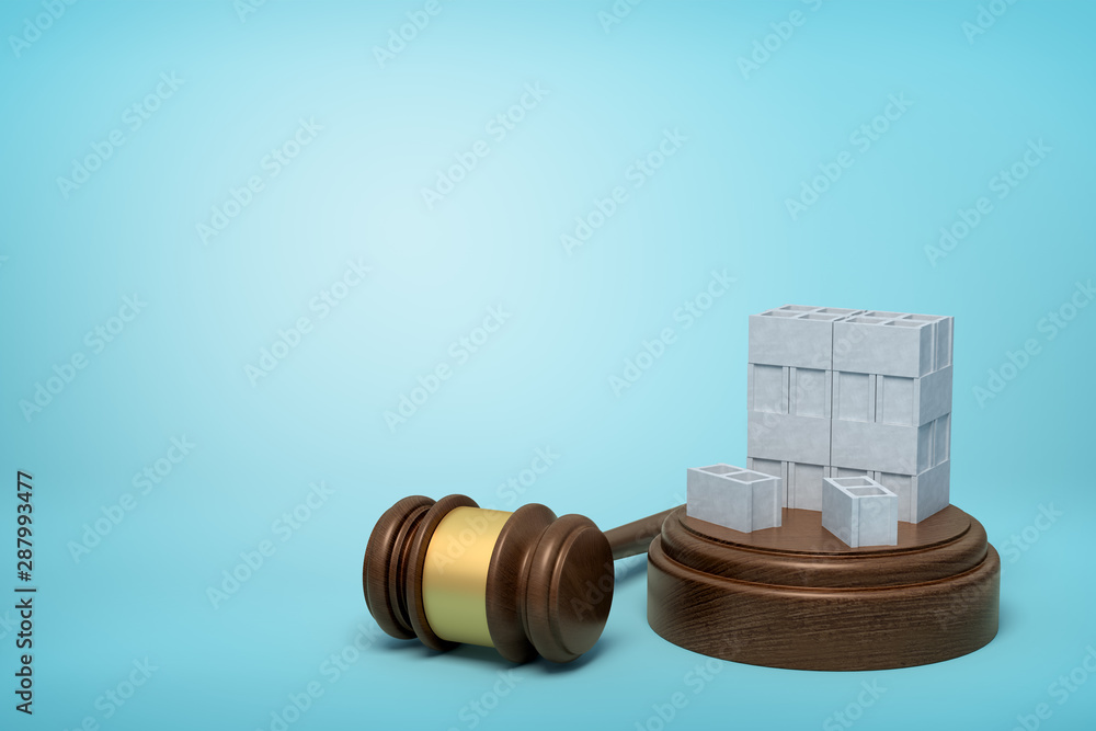 Poster 3d rendering of stack of grey hollow bricks on sounding block with judge gavel lying beside on light