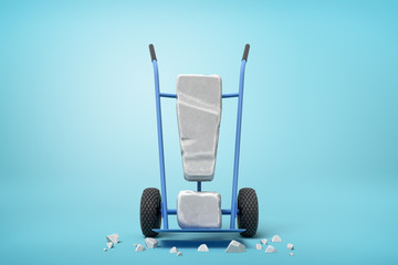 3d rendering of large stone exclamation mark on blue hand truck with big stone crumbs on ground on light-blue background.