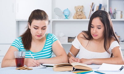 Two classmates doing homework together