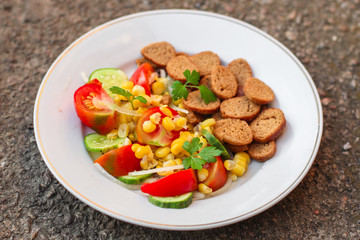 salad vegetables and croutons (tomato, cucumber, onion, cracker, corn and other ingredients) menu. top food background. copy space