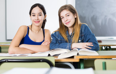 Portrait of smiling schoolgirls who are posing at the desk