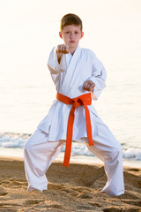 Boy doing karate at ocean quay