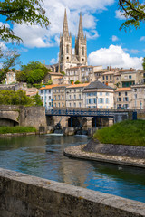 Naklejka premium A view of Niort from the quay of Sevre Niortaise river, Deux-Sevres, Poitou-Charentes region, France