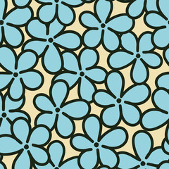 Fototapeta premium A seamless vector pattern with simple blue forget me not flowers on a pastel yellow background. Surface print design.
