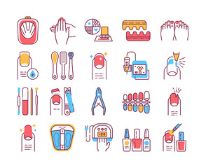 Manicure and pedicure procedures color line icons set. Nails service. Beauty industry. Pictograms for web page, promo.