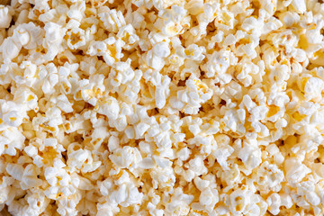 Popcorn texture background. Flat lay, top view