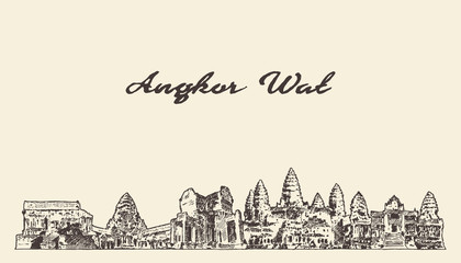 Angkor Wat skyline Cambodia drawn vector sketch