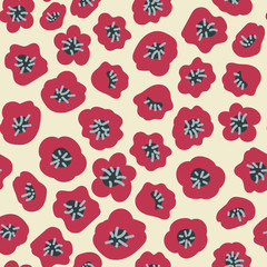 A seamless vector pattern with red poppy seads scattered on a light background. Surface print design.