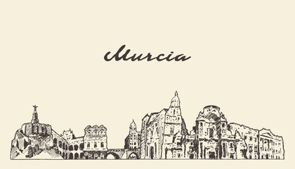Murcia skyline Spain hand drawn vector sketch city