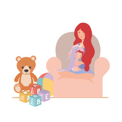 cute pregnancy mother with little girl seated in sofa