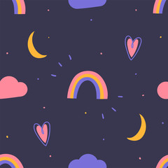 Kids rainbow seamless pattern for textile, wallpaper, fabric. Kids background with moon and clouds.