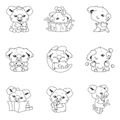 Obraz premium Cute koala kawaii linear characters pack. Adorable and funny animal running, bathing, sleeping on moon isolated stickers, patches. Anime baby koala doodle emojis thin line icons set