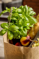 Various healthy food in paper bag on wooden background. Healthy food from the store