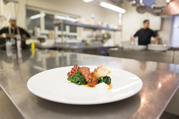 Close up on a dish with gourmet octopus salad being prepared by the chef