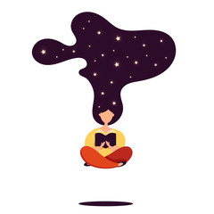 Young girl meditates in the lotus pose and read interesting book. Women s day. Flat style