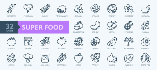 Super food - thin line icon set of fruits, vegetables, berries, nuts, roots and seeds. Outline icons collection of healthy detox natural products, organic food ingredients for health and diet.  - 288001443