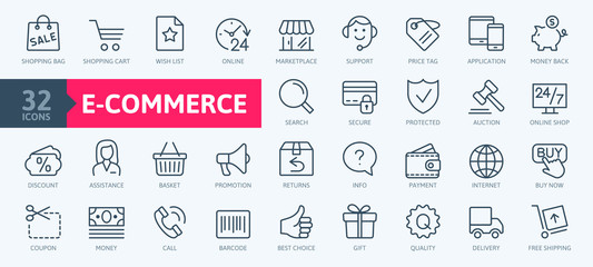 Obraz na płótnie Canvas E-commerce, online shopping and delivery elements - minimal thin line web icon set. Outline icons collection. Simple vector illustration.