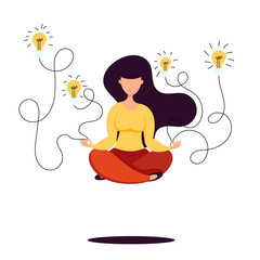 Flat design vector illustration of girl levitates with luminous bulbs in the air. Our planet sleeps.