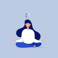 Cartoon young exhausted woman in lotus position with a loading bar above her head.