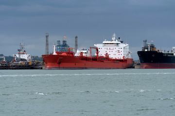 Southampton Water, England, UK, September 2019. Chemical, oil products tankers off loading cargo at...