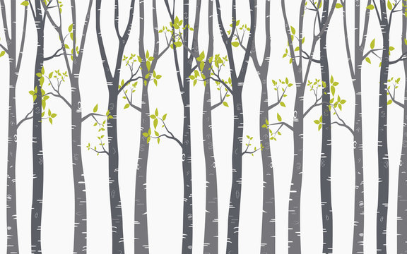 Birch Tree with deer and birds Silhouette Background © 3rus