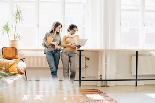 Female programmers using laptop while standing by window in office