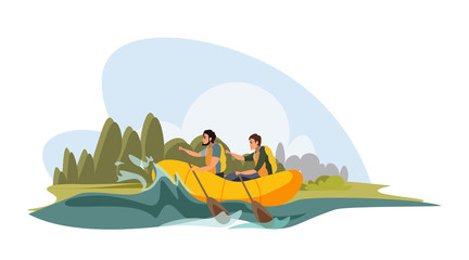 Tourists enjoy water rafting vector illustration - obrazy, fototapety, plakaty