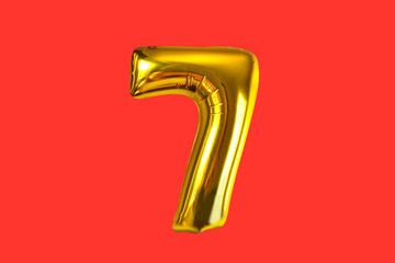 Number seven of golden helium balloons, isolated for your design