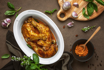 Oven roasted chicken legs roast, view from above
