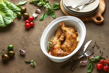 Oven roasted chicken legs roast, high angle view