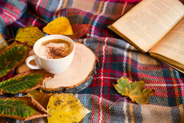 Autumn coffee cup with cozy blanket, fall deco warm home weekend with coffee cup, a book and dried leaves, autumn concept, cozy lifestyle rustic view