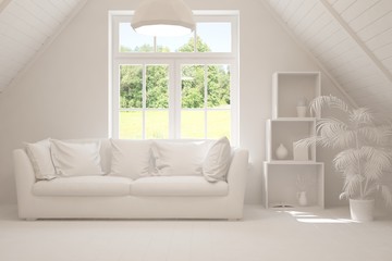 Mock up of stylish room in white color with sofa and green landscape in window. Scandinavian interior design. 3D illustration