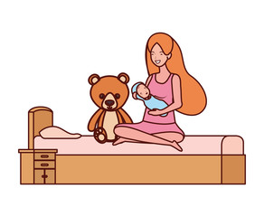 cute pregnancy mother with little boy in the bedroom